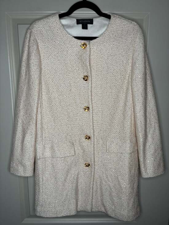 St. John Jackets & Blazers - St John Metallic Gold Button Front Mid Length Jacket in Beige Size 8